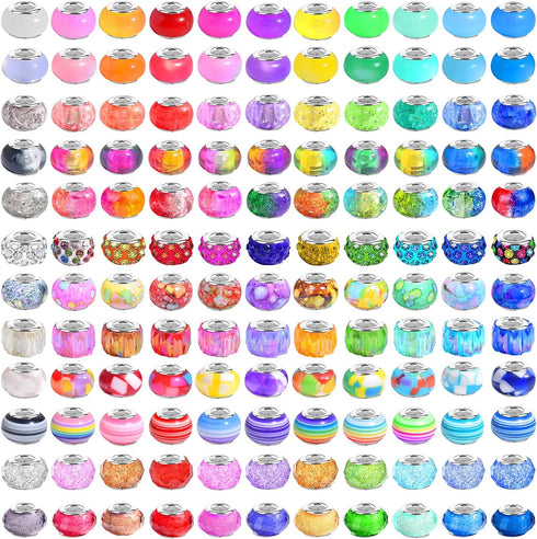 300 Pcs Large Hole Glass Beads for Jewelry Making, European Beads Bulk Mixed Color Spacer Beads with Rhinestones Lampwork Beads for DIY Craft Char...