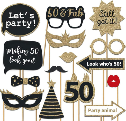 Fully Assembled 50th Birthday Photo Booth Props - Set of 30 - Black & Gold Selfie Signs - 50th Party Supplies & Decorations - Cute Bday Designs wi...