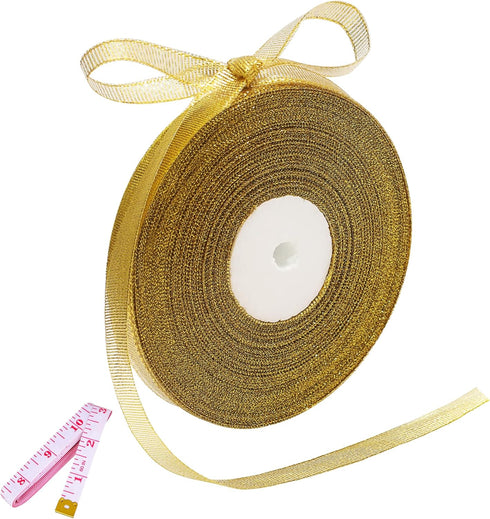50 Yards Gold Glitter Ribbon 3/8 Inch, Sparkly Thin Solid Fabric Ribbon for Gift Wrapping, Crafts, Holiday Wedding Birthday Party Decoration Flora...