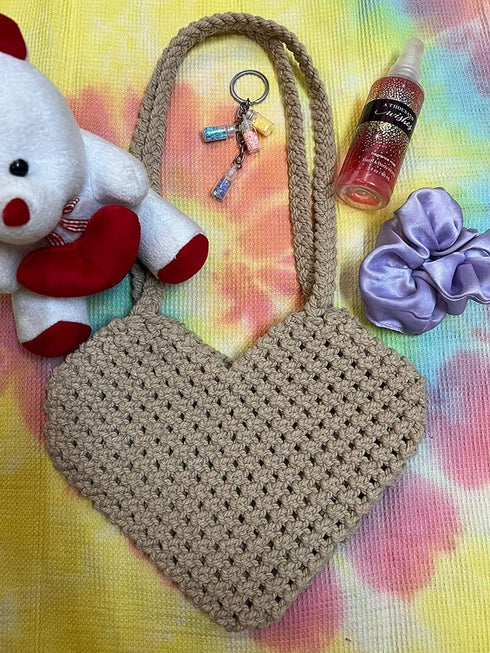 JESSICA Cotton Boho Macrame Handmade Heart Shaped Handbag Birthday Ladies Gift, off-white....