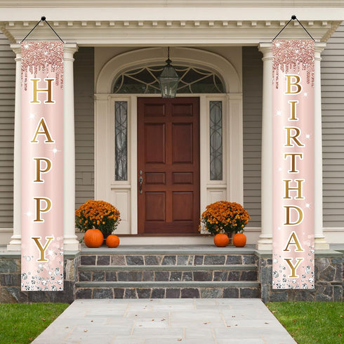 Pink Rose Gold Happy Birthday Door Banner Decorations, Birthday Party Porch Sign Supplies for Women Girls, Sweet 16th 21st 30th 40th 50th 60th Bir...