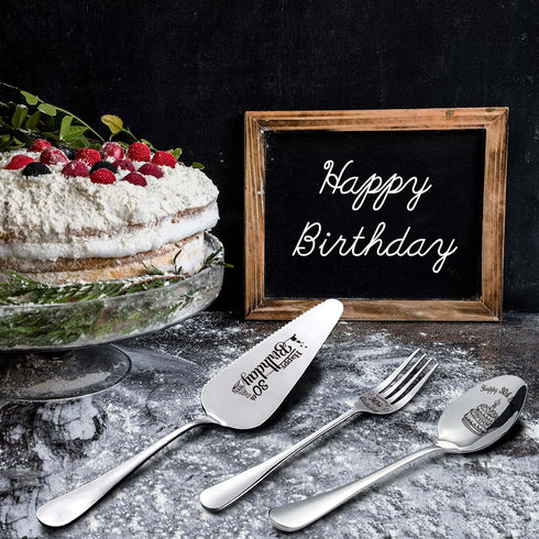 Happy 30th Birthday Personalized Laser-Engraved Stainless Steel Birthday Party Utensil Set - Cake Server, Spoon, and Fork for Son Daughter Husband...
