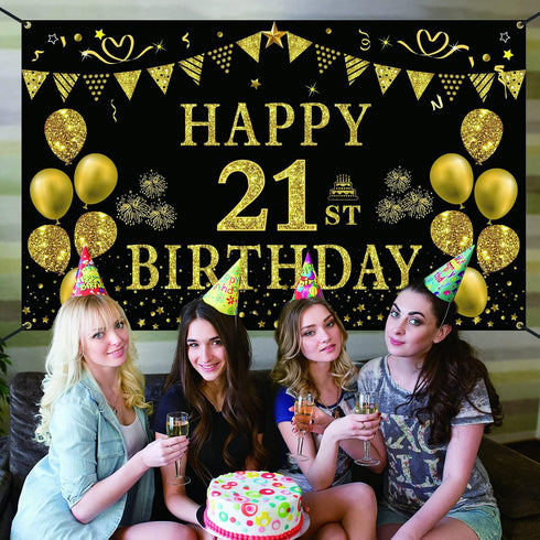 Trgowaul 21st Birthday Decorations for her him, Men Women Black Gold 21st Birthday Backdrop Banner, 21 Years Old Party Supplies Photography Backgr...