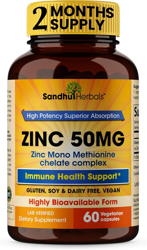 Sandhu Herbals Zinc 50mg Supplement for Men & Women| High Absorption Zinc Monomethionine complex 60 Capsules| Zinc Supplements for Immune, Acne & ...