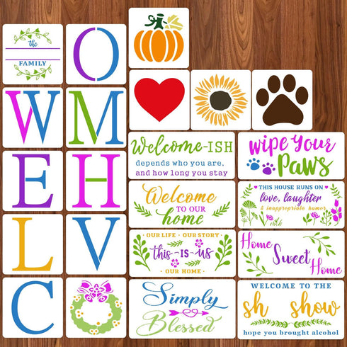 22 Pieces Large Letter Welcome Stencils for Painting on Wood, Reusable Farmhouse Stencil Plastic Wood Burning Stencil Word Painting Stencil Craft ...