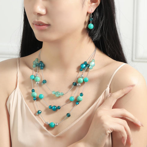 3 Layered Handmade Beads Necklaces 18-23” Dainty Chain Illusion Statement Necklaces Set Multi Color Boho Choker Necklace and Earrings Set Gifts fo...