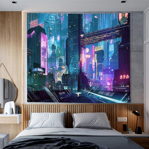 Honcet Anime Punk Neon Cityscape Wall Tapestry for Bedroom, Japanese Punk Street Cityscape Room Decor Tapestries, Futuristic Neon Skyscraper Tapes...
