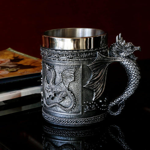 Medieval Roaring Dragon Mug - Dungeons and Dragons Beer Stein Tankard Drink Cup - 15.8oz Stainless Coffee Mug for GOT Dragon Lovers Collector Idea...