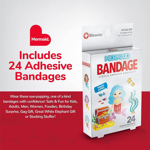 BioSwiss Bandages, Mermaid Shaped Self Adhesive Bandage, Latex Free Sterile Wound Care, Fun First Aid Kit Supplies for Kids, 24 Count...