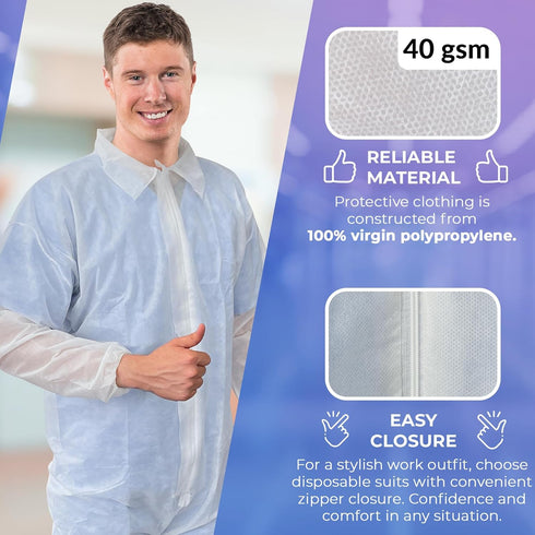 AMZ White Disposable Coveralls for Men, Large. 40 GSM Polypropylene Hazmat Suits Disposable. Unisex Full Body Protective Suit. Disposable Painters...