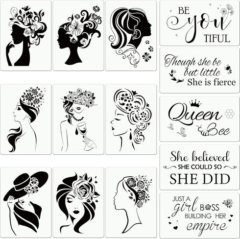 14 Pieces Women Painting Stencil Face Painting Stencil on Canvas Art Stencil Paper Transfers Inspirational Quote Reusable Craft Template Painting ...