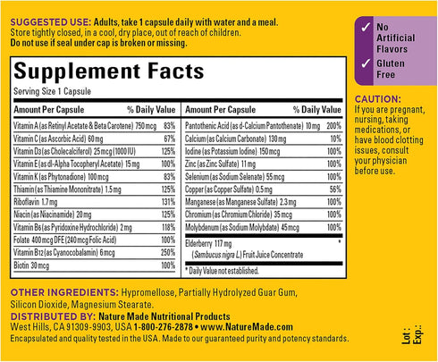 Nature Made Multi + Elderberry Capsules, Multivitamin for Daily Immune Support, One Per Day Multivitamin, 60 Count...