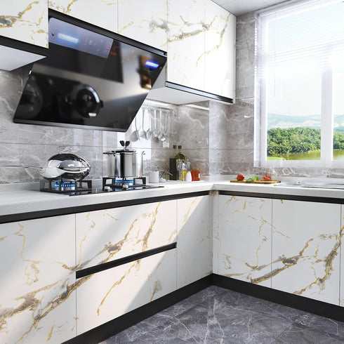 LACHEERY Thick White Marble Contact Paper for Countertops Waterproof Contact Paper Peel and Stick for Cabinets Removable Matte Gold Grey White Mar...
