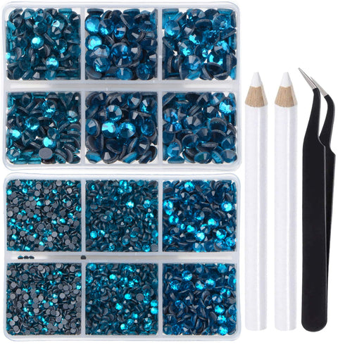 LPBeads 6400 Pieces Hotfix Rhinestones Blue Zircon Flat Back 5 Mixed Sizes Crystal Round Glass Gems with Tweezers and Picking Rhinestones Pen...