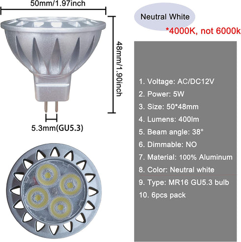 ALIDE MR16 GU5.3 Led Bulbs 5W 4000K Neutral/Natural White,20W-35W Halogen Equivalent,12V MR16 Low Voltage Bulbs for Outdoor Landscape Flood Ceil T...