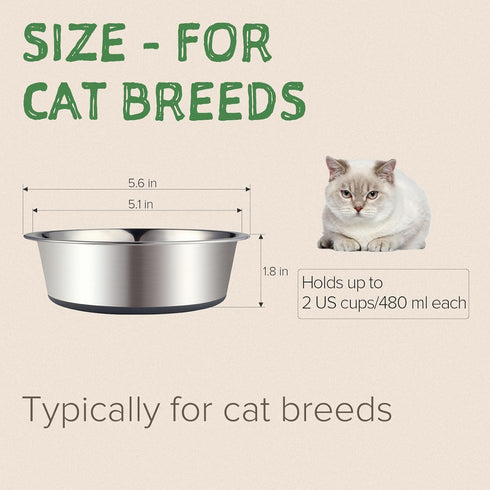2 Pack Stainless Steel Cat Bowls, Premium Metal Cat Bowls with Non Slip Rubber Bottom, Dishwasher Safe, Easy to Clean, 2 Cup, Gray Bottom...
