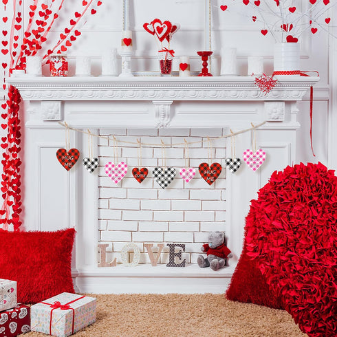 24 Pieces Valentine's Decorations for Tree Heart Shaped Wooden Ornaments Buffalo Check Plaid Wooden Embellishments Red Black Hanging Crafts Wood H...