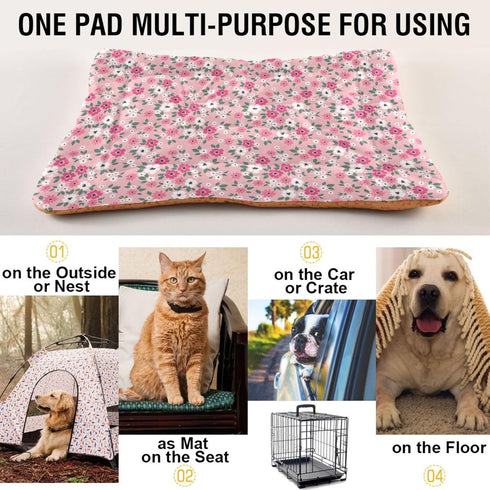 Pink Floral Pet Bed Pad Soft Dog Bed Mat with Anti-Slip Bottom, Machine Washable Crate Pad Mattress for Dog Sleeping...