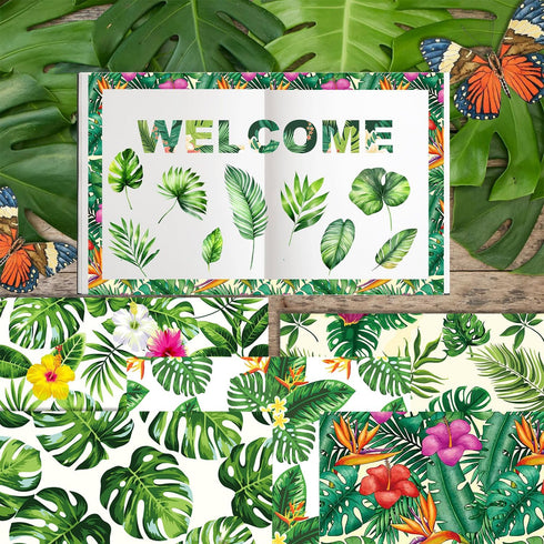 24 Sheets Tropical Plants Pattern Paper Set, 12"x12" Tropical Palm Leaves Patterned Cardstock Paper Tropical Flowers Scrapbooking Supplies Paper O...