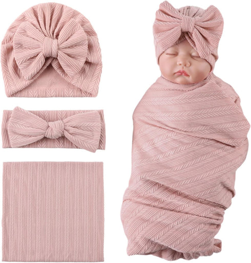 OMUKY Newborn Receiving Blanket Bow Headband and Beanie Set Baby Swaddle Receiving Blankets Baby Boy Girls Nursery Swaddle Wrap(Pink)...