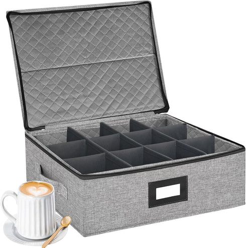 Coffee Mug Storage Box with Dividers, Durable China Storage Containers for Coffee Mugs, Tea Cups Storage Organizer with Lid, Handles, Label Window...