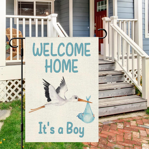 Welcome Home Baby Boy Garden Flag Baby Shower Garden Flag 12×18 Inch Double Sided Burlap Flag Newborn Gender Reveal Lawn Yard Sign Stork Outdoor D...