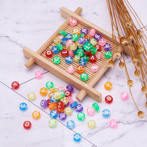 370pcs Transparent Acrylic Alphabet Letter Beads 7mm Colorful Flat Round Disc Coin A-Z White Letter Pattern Loose Spacer Beads Charms for DIY Neck...