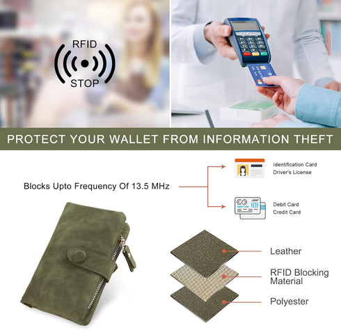 RFID Blocking Wallets for Women, Large Capacity Soft Leather Womens Small Wallet with Wrist Strap (Olive Green)...