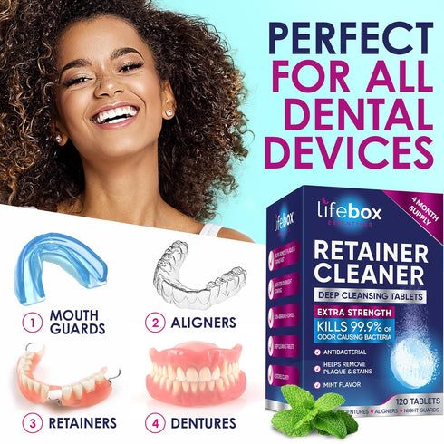 Retainer Cleaner Tablets, Denture Cleaning Tablets, & Aligner Cleaner - Removes Odors & Kills 99.9% of Bacteria & Stains – For Aligners, Retainers...