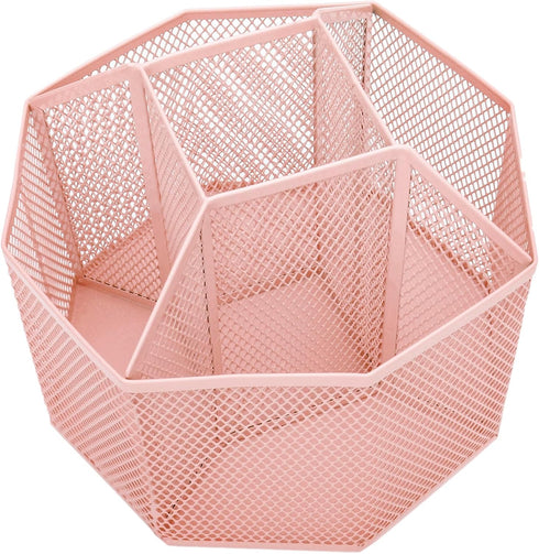 Annova Mesh Desk Organizer Rotate with 5 Compartments Spinning Tidy Candy/Pen Holder Office, Art Supply, Storage, Classroom, Home (Light Pink)...
