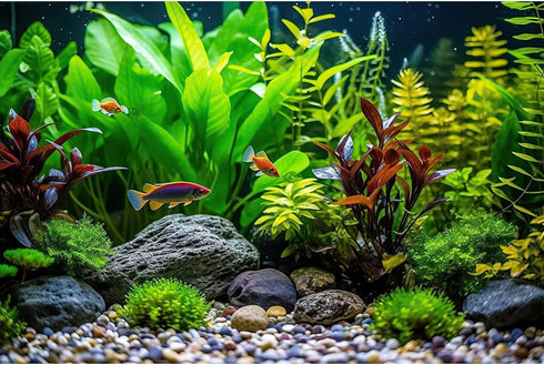 Aquarium Background Tropical Fish with Green Plants and Stones Terrarium Background Aquatic Plants Rocks Moss Tropical Style Landscape Aquarium Ba...