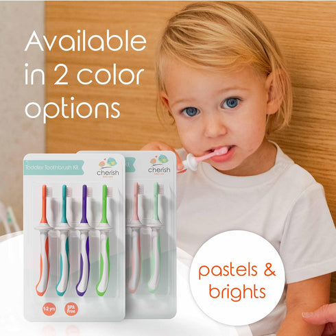Cherish Baby Care Toddler Toothbrushes 1-2 Years (4-Pack) - BPA-Free & Safety-Tested Kids Toothbrush Kit, Designed by a Pediatric Dentist, Soft-Gr...