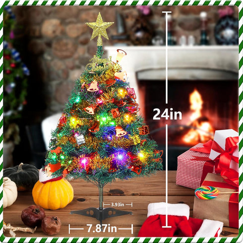 Mini Xmas Tree, 24"/60cm Artificial Small Tabletop Christmas Pine Tree with Ornaments for Holiday Home Office Decoration...