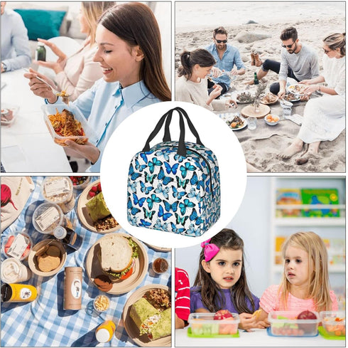Insulated Lunch Bag Box for Women with Blue Butterfly Print Cooler Thermal Waterproof Reusable Tote Bag with Big Pocket for Work Office Picnic Col...