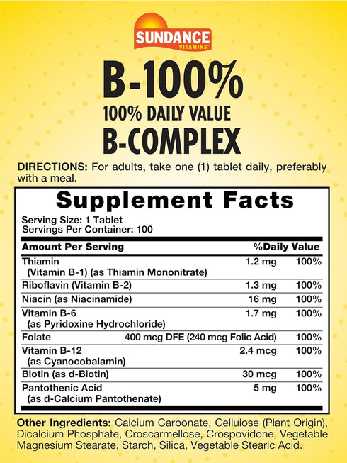 Sundance Vitamin B-Complex 100% Daily Value | 100 Tablets | Vegetarian, Non-GMO, and Gluten Free Supplement...