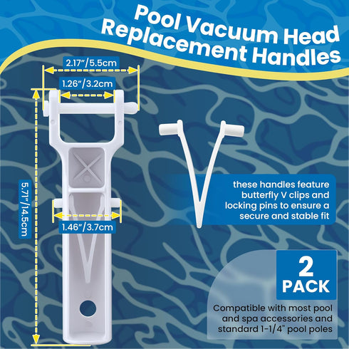 2 Pack Pool Vacuum Head Replacement Handles, Pool Brush Clip Plastic Handles with V Clips and Locking Pins for Pool Spa Vacuum Head and Standard 1...