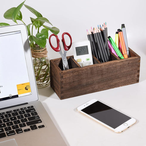 Wood Pencil Holder for Desk, Wooden Pen Pencil Organizer with 4 Compartment, Multi-Functional Desk Organizer for Pen Pencil Office Supplies Remote...