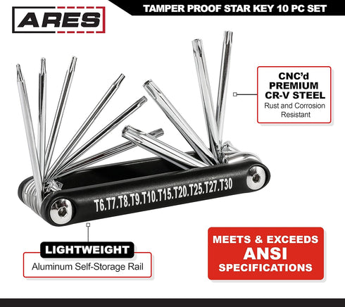 ARES 44000-10-Piece Tamper-Proof Folding Star Key Set - Sizes Include T-6 to T-30 - Corrosion-Resistant CR-V Steel Construction...