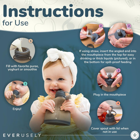 Leakproof Silicone Reusable Baby Food Pouches, BPA-Free, Dishwasher Safe, Spill-Proof Baby Food Pouches Refillable, Reusable Pouches for Toddlers,...