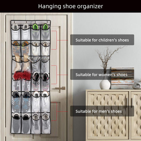 Over The Door Shoe Organizer, Hanging Shoe Organizer with 24 Mesh Large Pockets Door Shoe Rack Organizer for Men Women Kids Hanging Shoe Storage B...