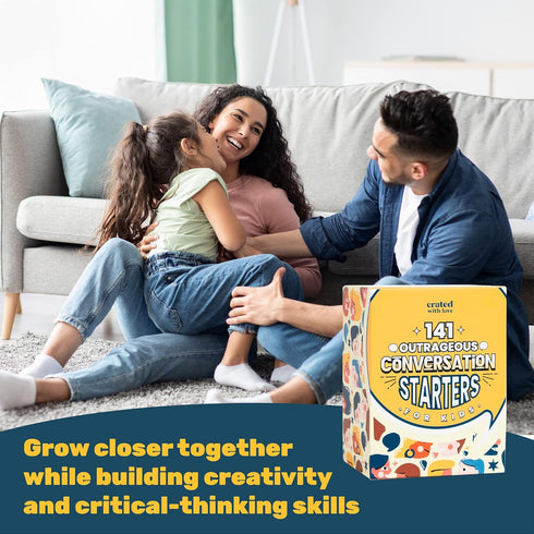 Crated with Love - 141 Outrageous Conversation Starters for Kids - Travel Games Card Deck for Family Table Topics, Funny Thought Provoking Questio...