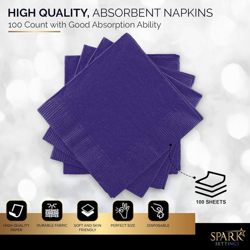 100 Pack Purple Beverage Napkins, Big Party Pack, 2 Ply, Ideal for Wedding, Party, Birthday, Dinner, Lunch, Cocktails. (5” x 5”) by Amcrate...
