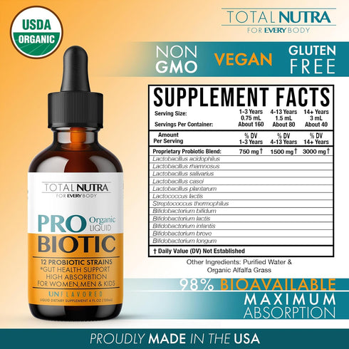Liquid Probiotic for Women Men & Kids – USDA Organic Acidophilus Probiotic Liquid & Alfalfa Blend – Vegan Probiotic for Gut Health – Dairy, Gluten...