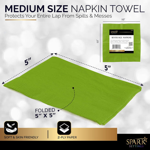 100 Pack Kiwi Green Beverage Napkins, Big Party Pack, 2 Ply, Ideal for Wedding, Party, Birthday, Dinner, Lunch, Cocktails. (5” x 5”) by Amcrate...