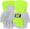 CAT® CAT013103L Pigskin Palm Gloves – Neon green, Large, Gunn-Cut, High-Vis Leather Gloves with Rubberized Safety Cuffs...