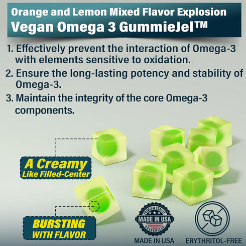 Vegan Omega 3 Gummies 1000mg, Omega 3 Fish Oil Alternative, Marine Algae Omega 3 Supplement DHA 460mg, EPA 230mg w/Vitamin B12, Folate, PS for Bra...