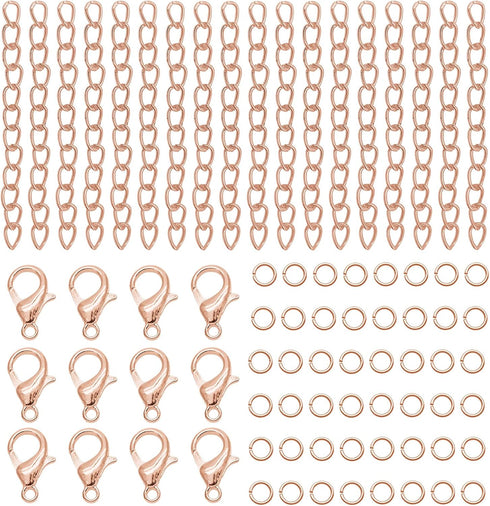 100pcs Alloy Lobster Clasps+100pcs Extension Chains with 100pcs Jump Rings Kit, Rose Gold Lobster Claw Clasps Open Jump Ring Tail Chain for Neckla...