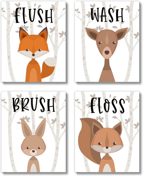 Brooke & Vine Kids Bathroom Wall Decor Art Prints (UNFRAMED 8 x 10 Set of 4) - Woodland Animals Farmhouse Rustic Toddler, Baby Girl, Baby Boy, Cla...