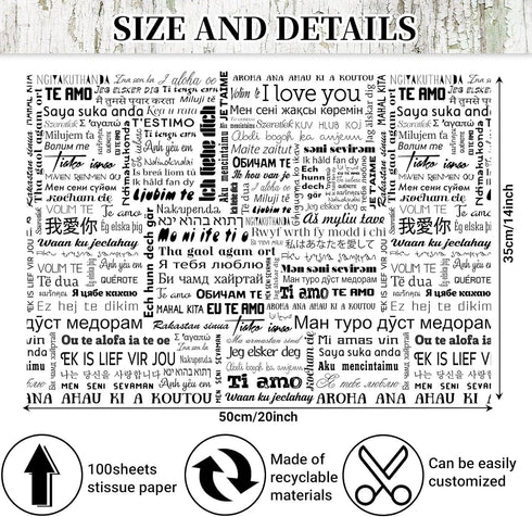 100Sheets 20 * 14 Inches I Love You Printed Tissue Paper for Gift Bags Different Languages of I Love You Romantic Words Tissue Paper for Gift Wrap...