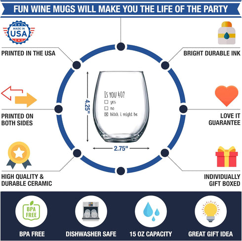 40th Birthday Gifts for Women and Men Wine Glass - Funny Is You 40 Gift Idea for Mom Dad Husband Wife – 40 Year Old Party Supplies Decorations for...